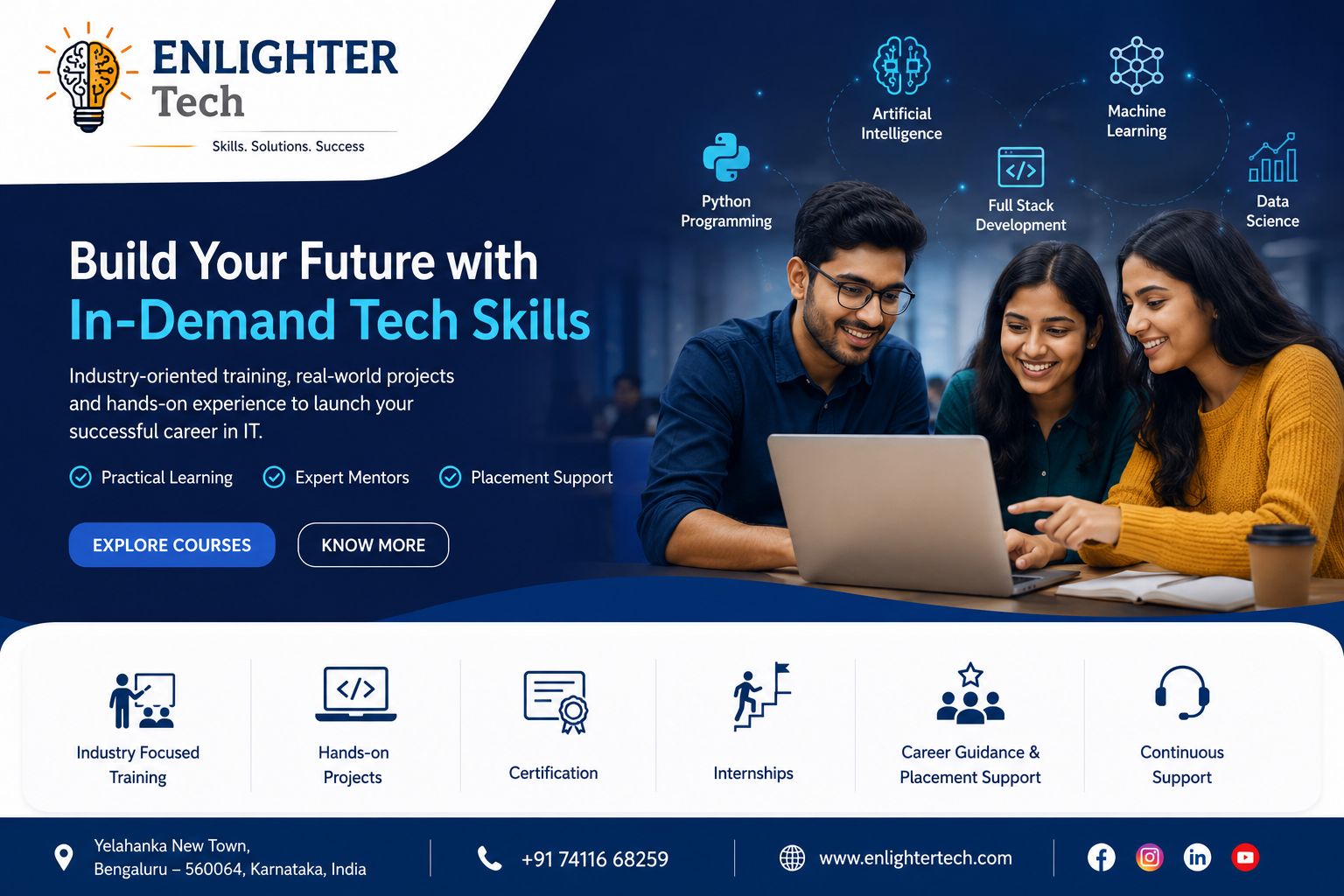 Enlighter Tech website homepage banner featuring three young professionals working on a laptop. Text reads "Build Your Future with In-Demand Tech Skills" and highlights courses in Python, Full Stack Development, Artificial Intelligence, Machine Learning, and Data Science with contact info for Bengaluru.