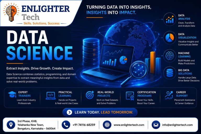Data Science course banner featuring analytics dashboard, laptop with charts, global data visualization, machine learning, big data solutions, and data analysis concepts for students