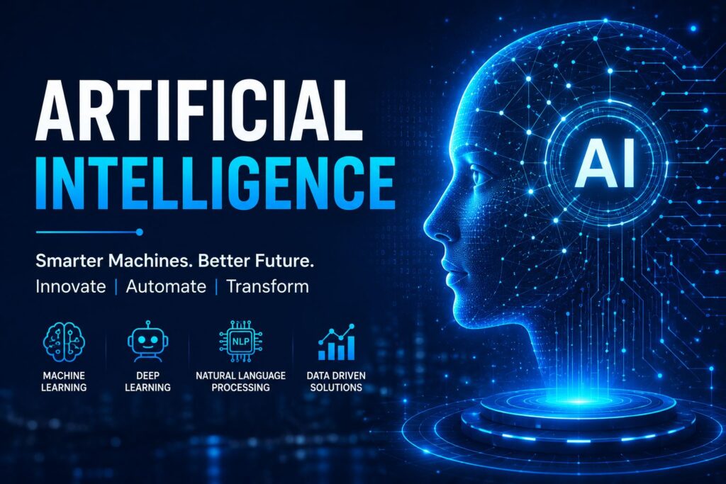 Artificial Intelligence (AI) technology concept featuring a futuristic digital human face, AI neural network, machine learning, deep learning, natural language processing, and data-driven solutions for automation and innovation.