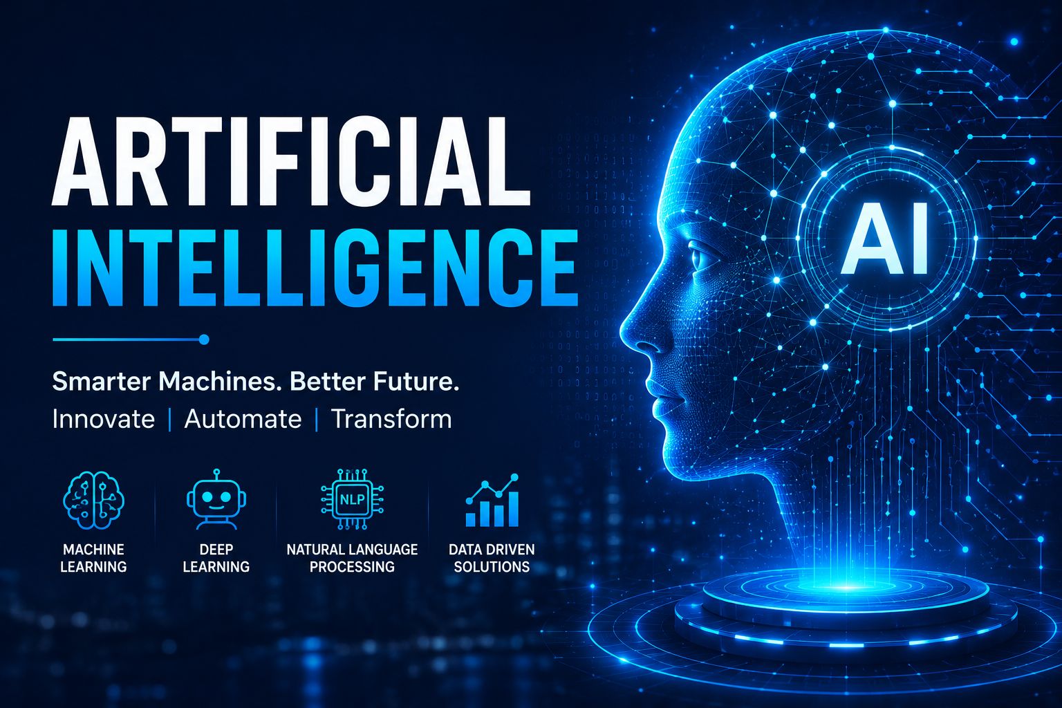 Artificial Intelligence (AI) technology concept featuring a futuristic digital human face, AI neural network, machine learning, deep learning, natural language processing, and data-driven solutions for automation and innovation.